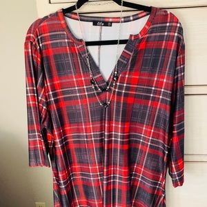 Red & Black Plaid Tunic w/necklace Sz.1X